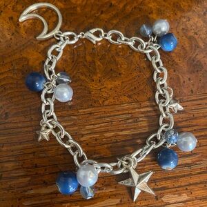 Silver Charm Bracelet with Blue and White Beads